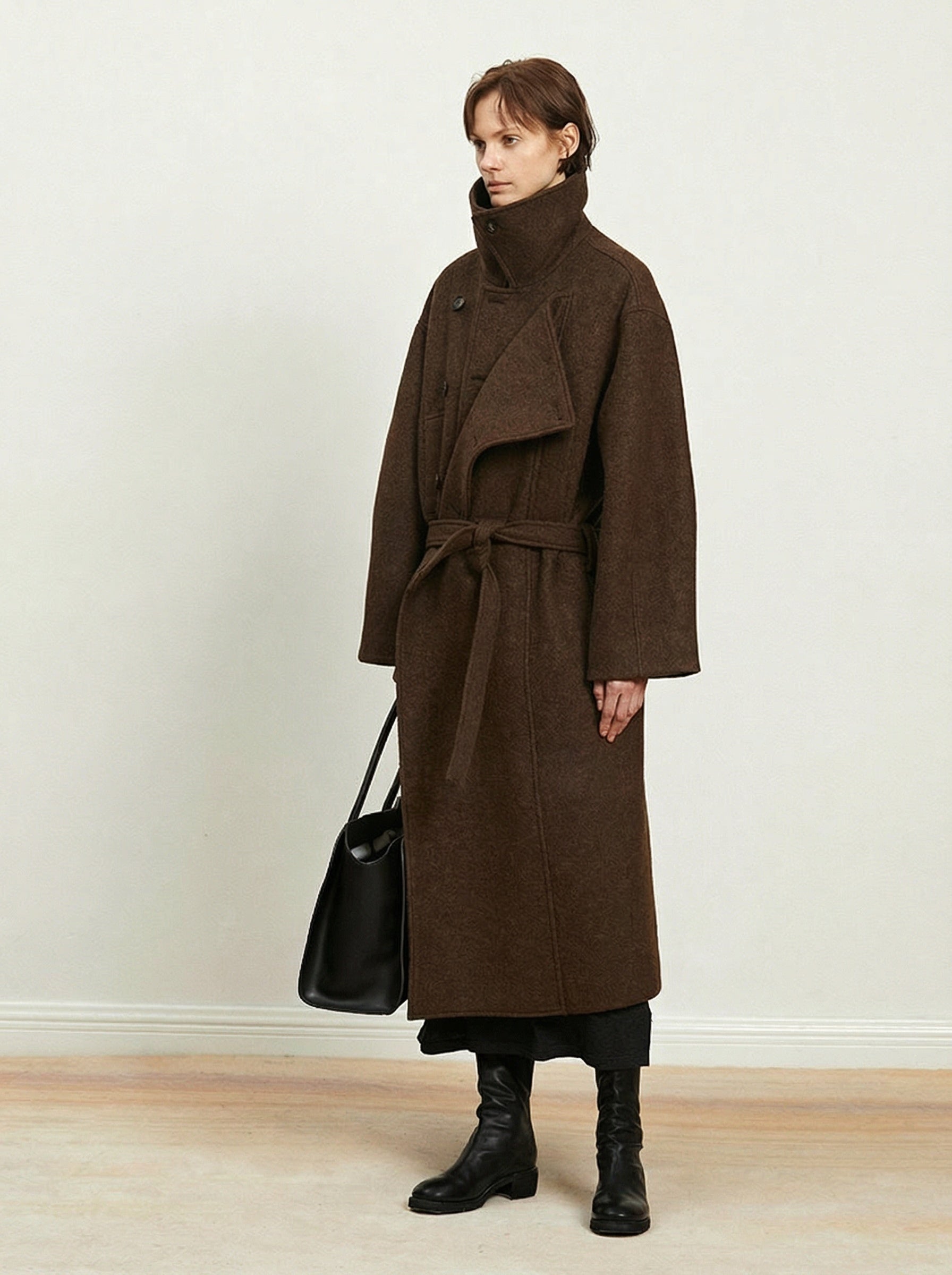 Delphine Belted High-Neck Coat - Licorice Brown