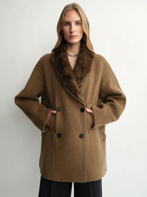 Camille | Alpaca Wool Shawl-Collar Coat | Double-Breasted Belted Short Coat with Detachable Fur Collar
