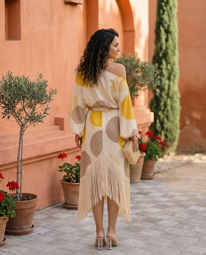 Daniela Yellow Fringe Two-Piece Midi Dress Set | Norella Boutique Boston