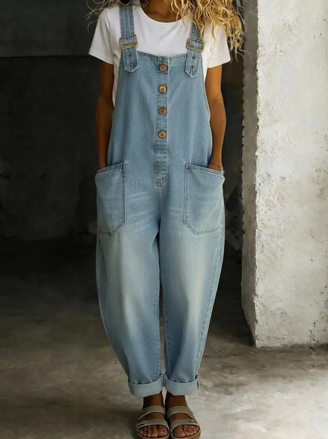Florence | Vintage Soft Cotton Denim Adjustable-Strap Wide-Leg Jumpsuit