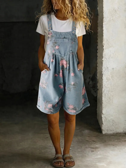 Sofyan | Vintage Floral Soft Cotton Denim Adjustable-Strap Jumpsuit