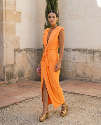 Selena Draped Satin Midi Dress | Norella Boutique Boston
