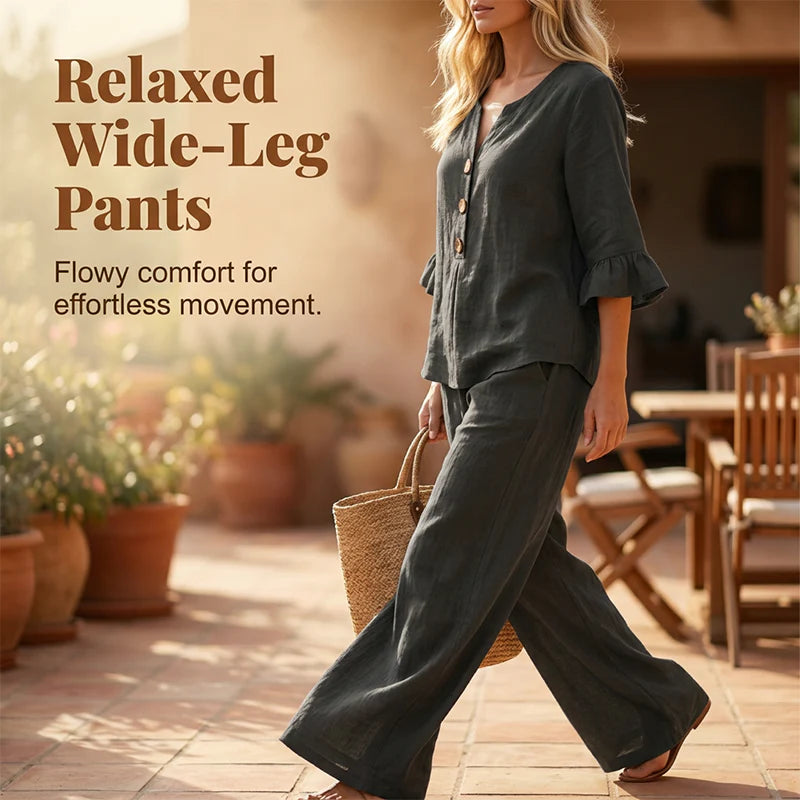 Luminara | Elegant Ruffle Sleeve Top with Wide-Leg Pants