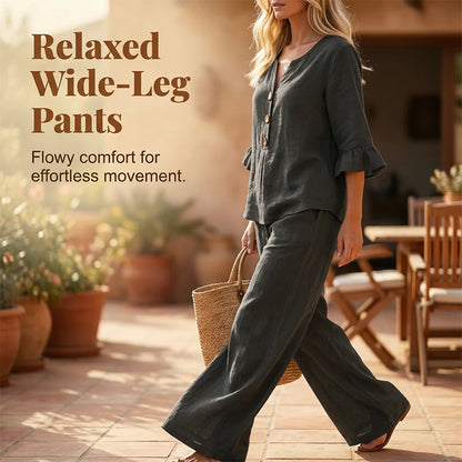 Luminara | Elegant Ruffle Sleeve Top with Wide-Leg Pants