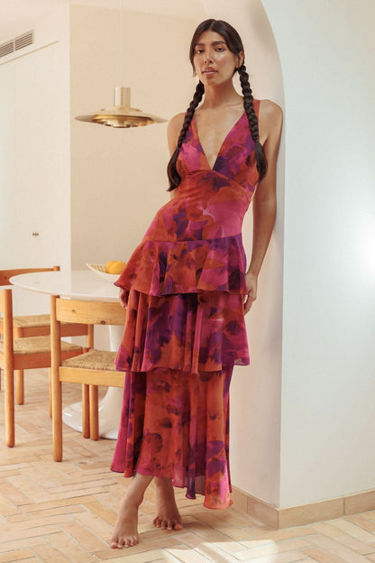 Eva Tiered Ruffle Flowy Midi Dress | Norella Boutique Boston